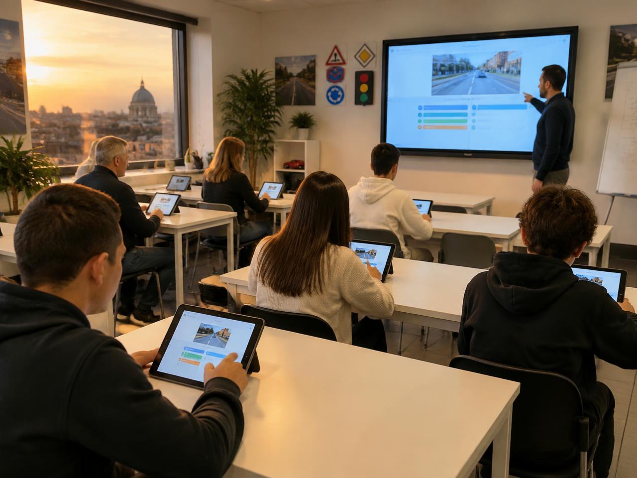 Lezione di teoria in aula con quiz su tablet